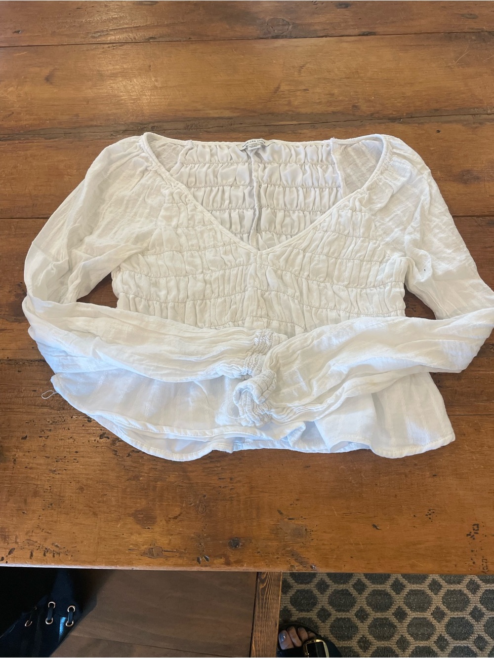 American Eagle Outfitters White Smocked V-Neck Peasant Blouse